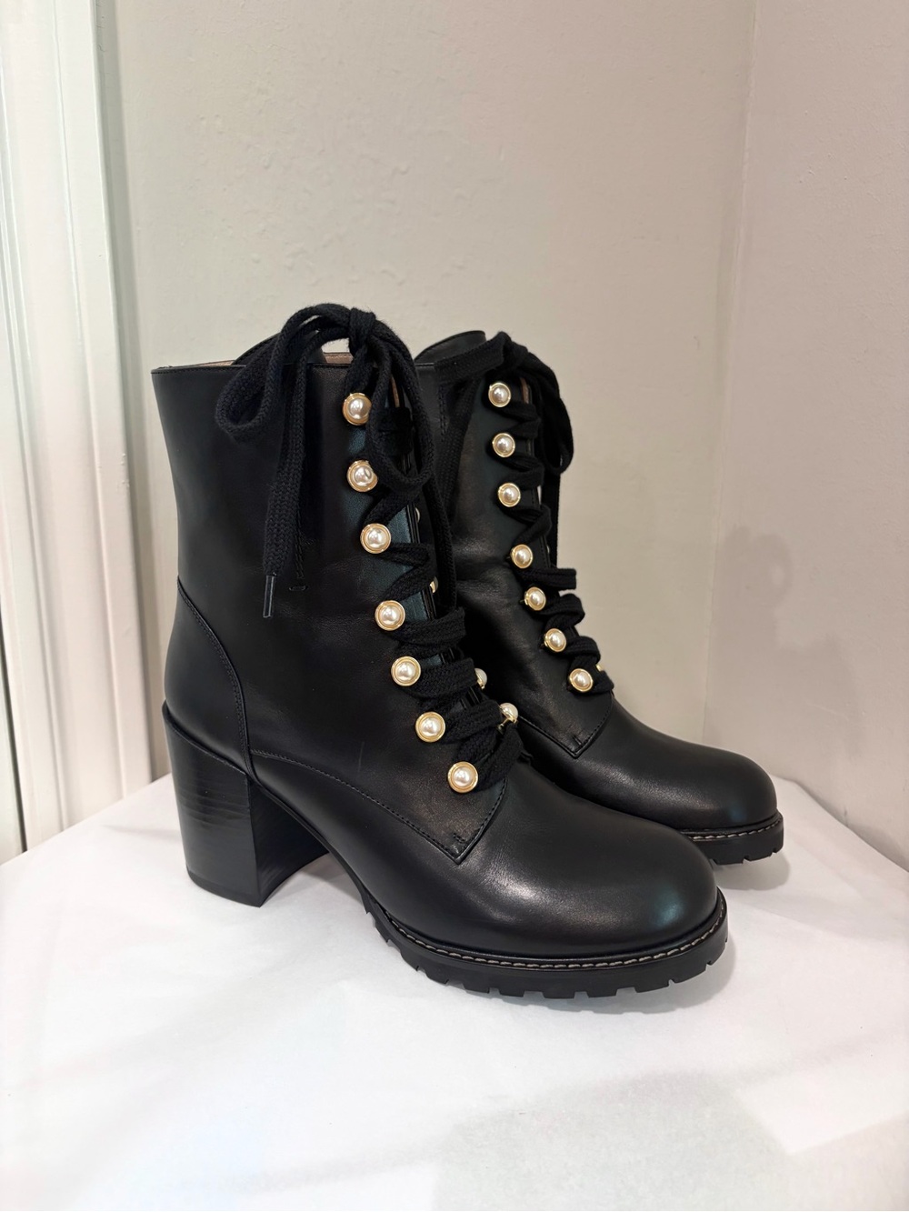 Stuart Weitzman Ivey Pearl Trim Leather Combat Boots